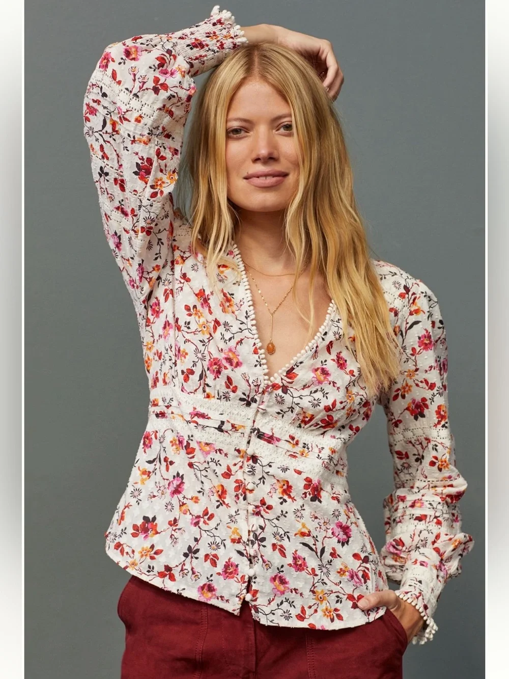 By Anthropologie Puff Sleeve Lace Floral Blouse in Size 2